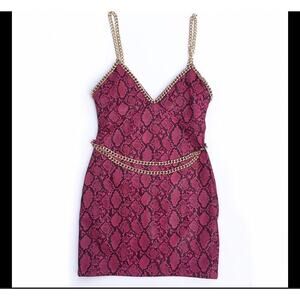 Women Pink Faux SnakeSkin Mini Dress w Adj. Chain Straps and Belt  Sz. XL NWT